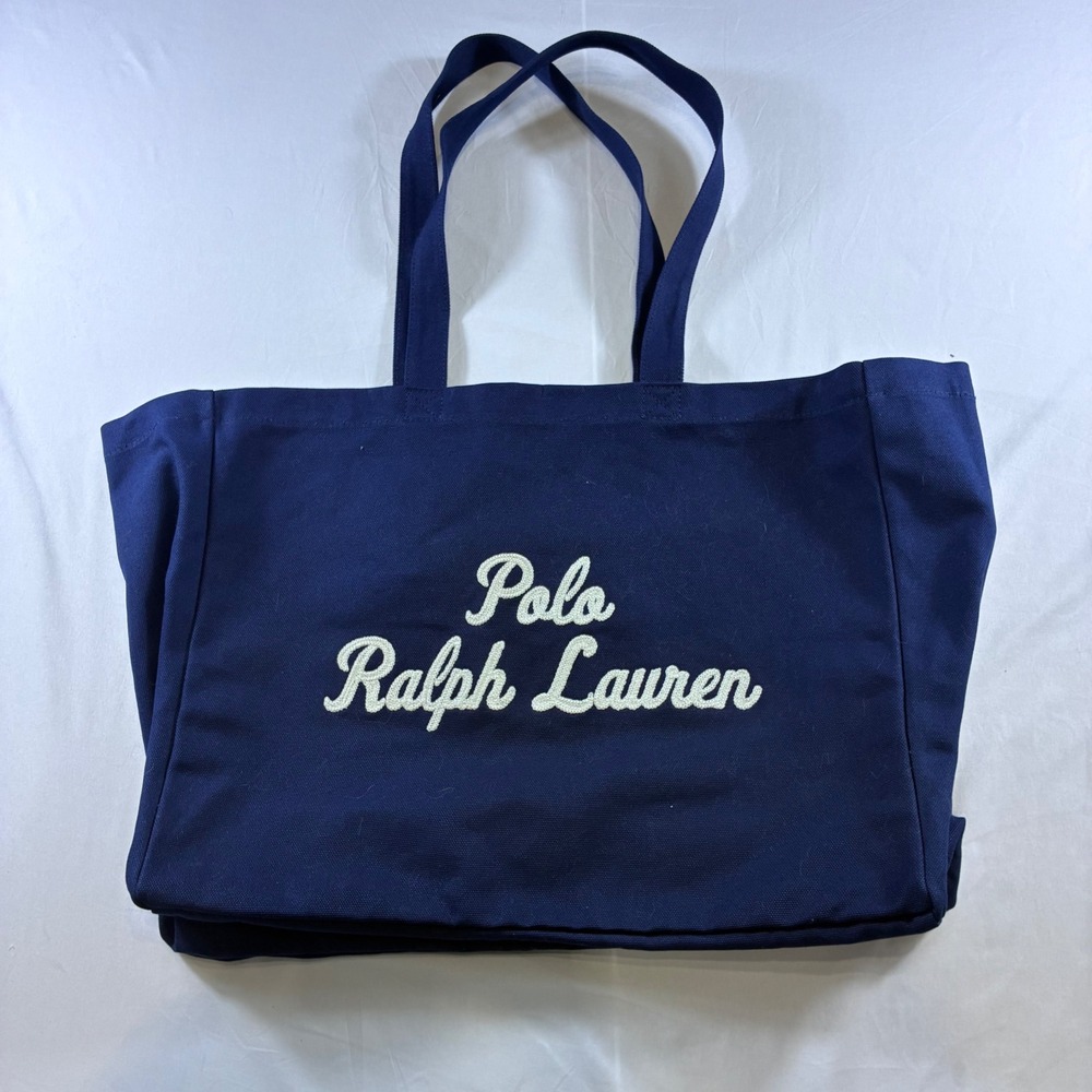 Polo Ralph Lauren Navy Blue Canvas Tote Bag Embroidered Script Logo Large